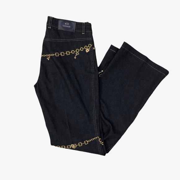 Escada Black Jeans Gold Embroidered Chain Charms